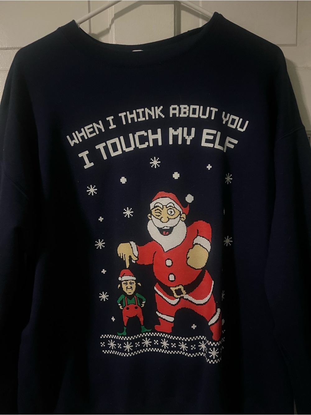Navy Holiday Sweatshirt with Santa & Elf Graphic